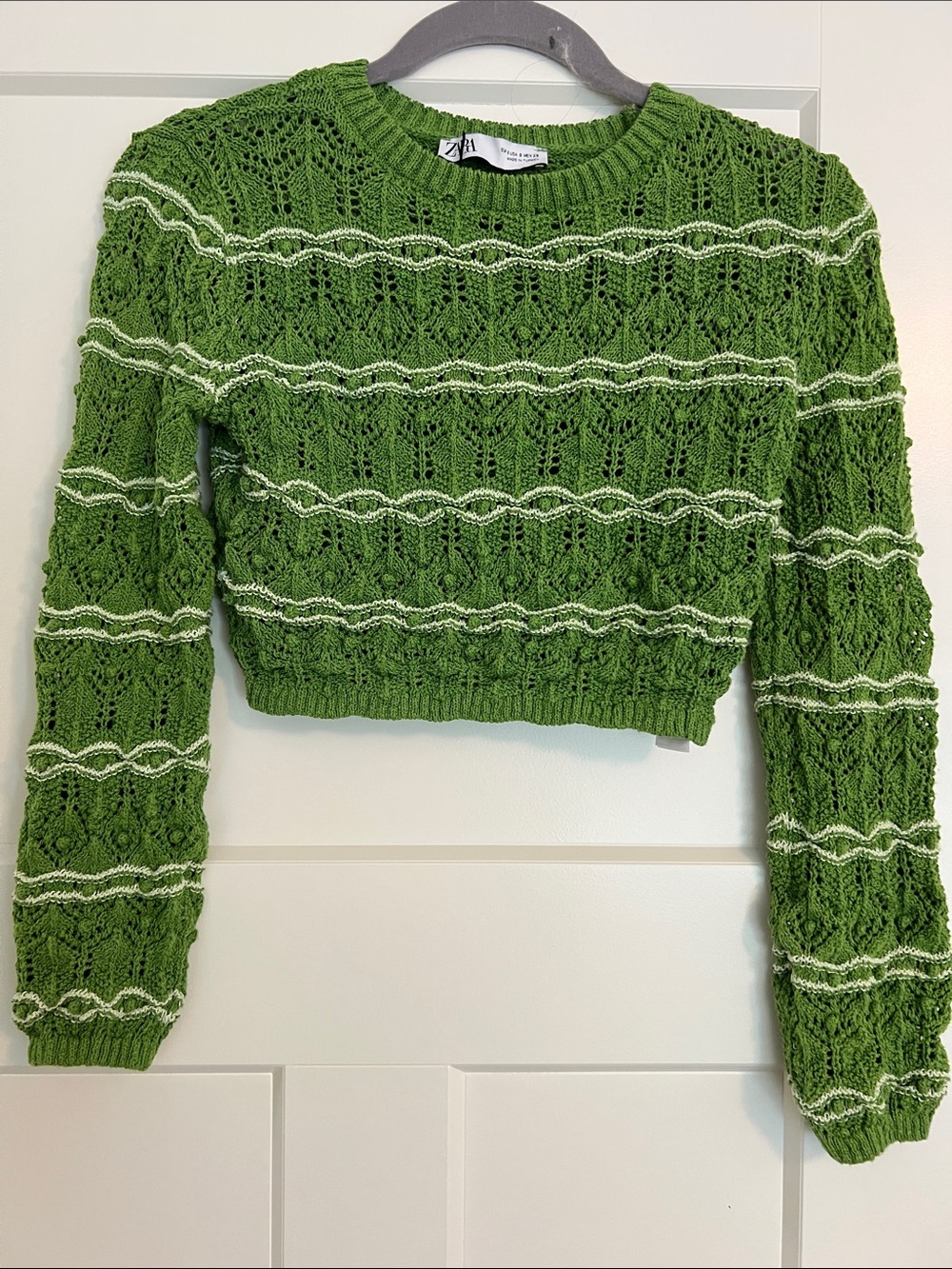 ZARA Green Open-Knit Cropped Crew Sweater with White Stripes